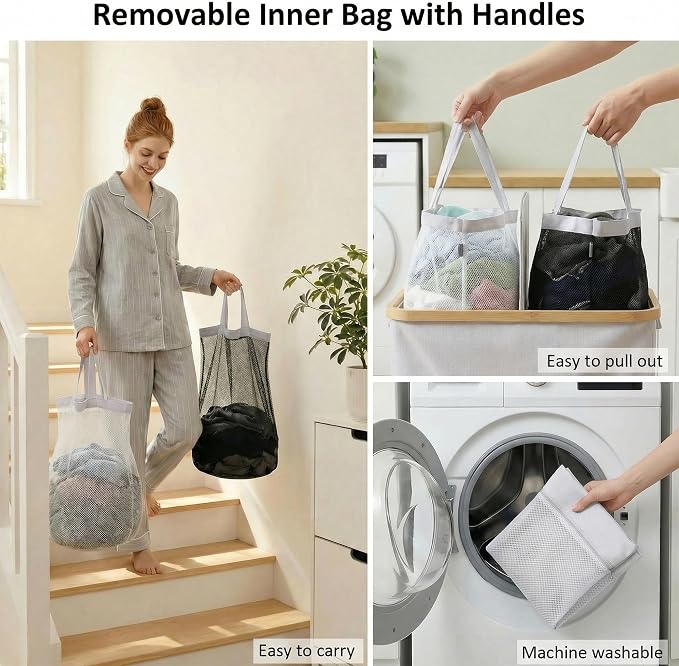efluky Laundry Hamper with Lid, Double Laundry Hamper with 2 Removable Bags, 2 Section Laundry Basket with Bamboo Handles for Bathroom, Bedroom & Laundry Room, 140L (36.9 Gallon) Light Grey - Image 4