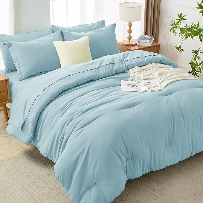 MUXHOMO 7 Pieces Queen Comforter Set, Soft Bed in a Bag Queen Size, All Season Bedding Set with Comforter, Flat Sheet, Fitted Sheet, Pillowcases & Shams, Lake Blue