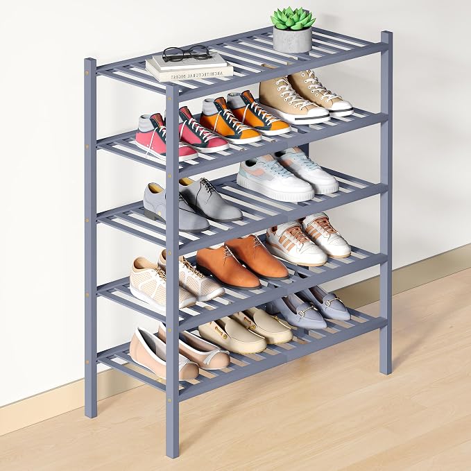 Smiry Bamboo Shoe Rack for Closet, 5 Tier Wooden Stackable Shoe Organizer, Free Standing Shoes Storage Shelf for Entryway, Front Door Entrance, Grey by Smiry