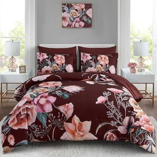 Luxudecor Burgundy Floral Comforter Set King Size 7 Piece, Flower Bed in a Bag, Elegant Comforter Bedding Set for All Season (Burgundy, 104"x90")