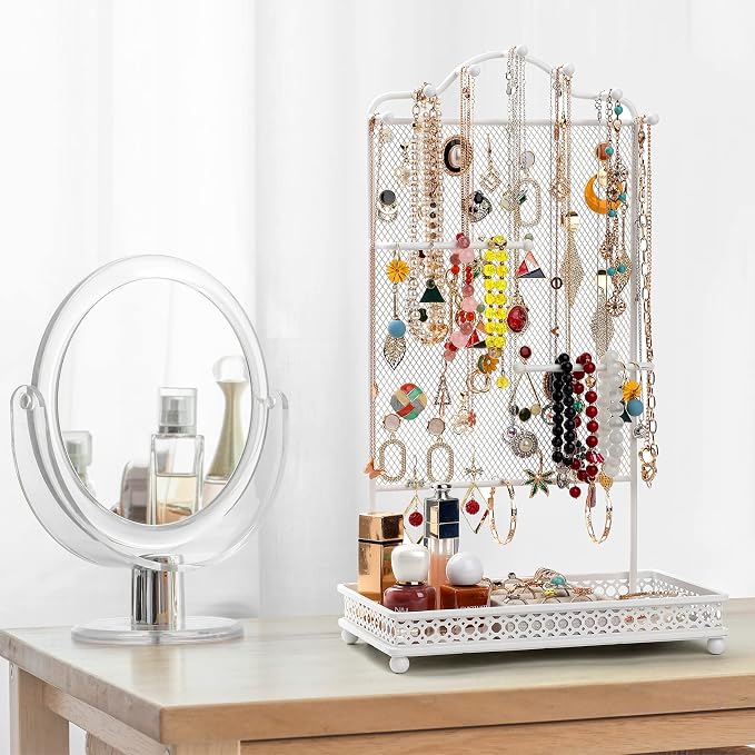Meangood Jewelry Organizer Stand, Earring Holder Rack for Hanging Earrings Necklace Bracelets Watches Jewelry Display Large Rings Storage as Women Gift (White) - Image 6