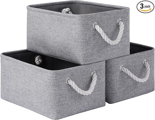 Storage Baskets for Shelves 13.8x9.8x6.7 Inch, Foldable Fabric Storage Bins with Handles, Small Storage Baskets for Organizing Closet, Office, Home Organization (3-Pack, Gray) by VQRTEXAStorageBasket