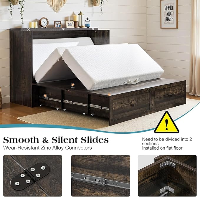 LUXOAK Full Murphy Bed with Storage and Charging Station, Farmhouse Cabinet Bed, Noise-Free, for Guest Room, Apartment, or Office, Black Oak