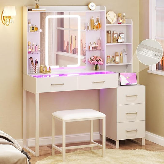 HUAHUU Vanity Desk with Mirror and Lights 3 Colors, 43.3" Makeup Vanity with Glass Top & RGB Light, White Vanity Table Set with Stool, 5 Drawers & Power Outlet for Bedroom Dressing Room