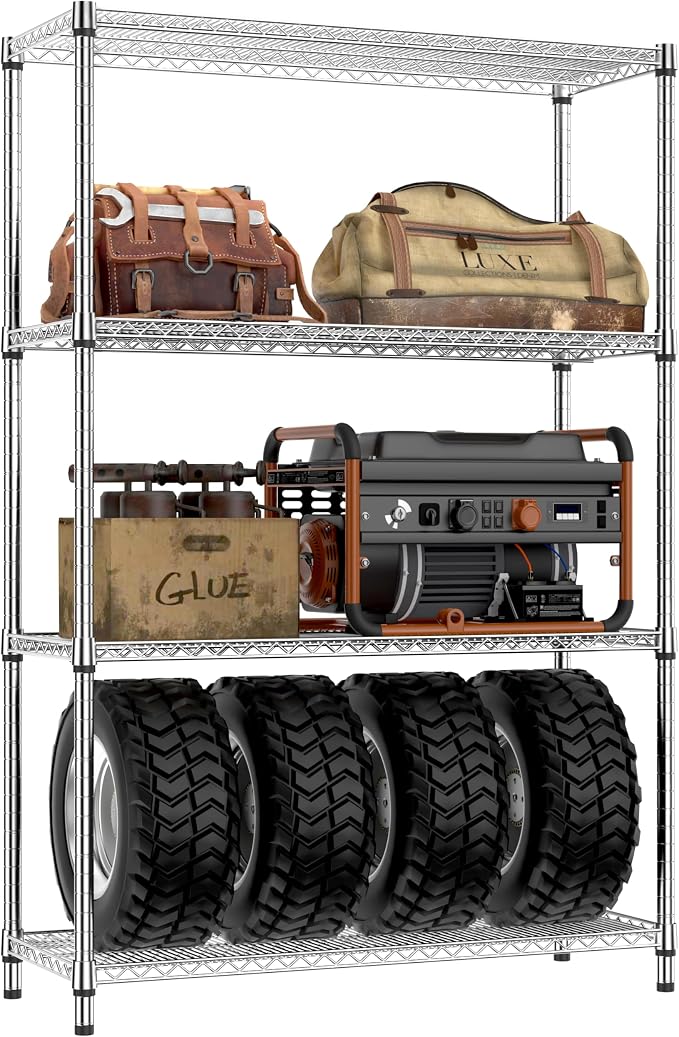 IZEUK 3400 LBS Garage Shelving Wide Storage Shelves 4 Tier Metal Shelves Heavy Duty Adjustable Utility Shelf Rack Chrome 17.7" D x 47.2" W x 70.4" H by IZEUK