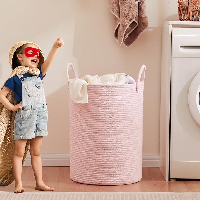 80L Extra Large Pink Hamper Laundry Basket for Baby Girls Tall Nursery Hamper for Kids Woven Rope Clothes Basket for Little Girls Room Bedroom Light Pink Kawaii 16"D x 22"H - Image 6