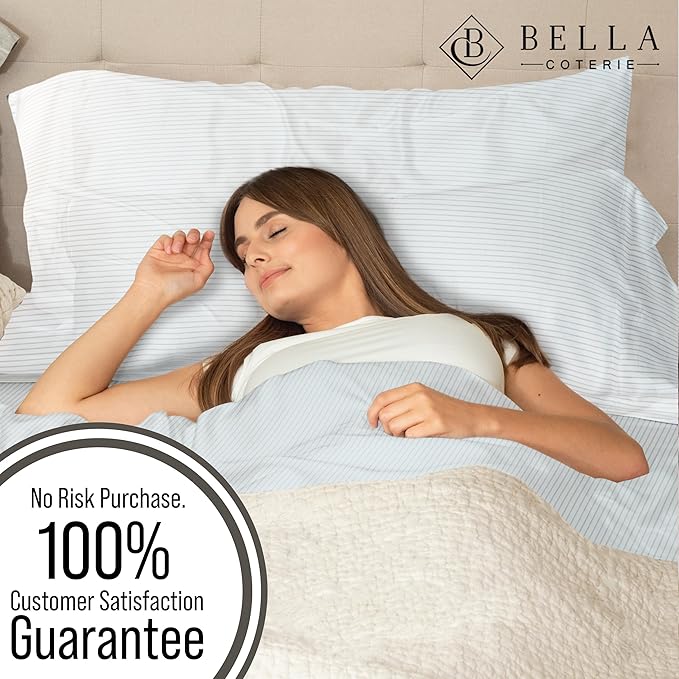 Bella Coterie Luxury Bamboo Viscose Queen Size Sheet Set | 100% Organically Grown | Ultra Soft | Cooling for Hot Sleepers | 18" Deep Pocket [Striped Coastal Blue]