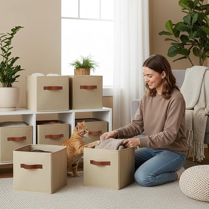 GRANNY SAYS Cube Storage Bins, 11 Inch Cube Storage Organizer with PU Handle, Khaki, Foldable Clothing Organizer Bins, Storage Baskets for Shelves, Closet, 6-Pack - Image 2