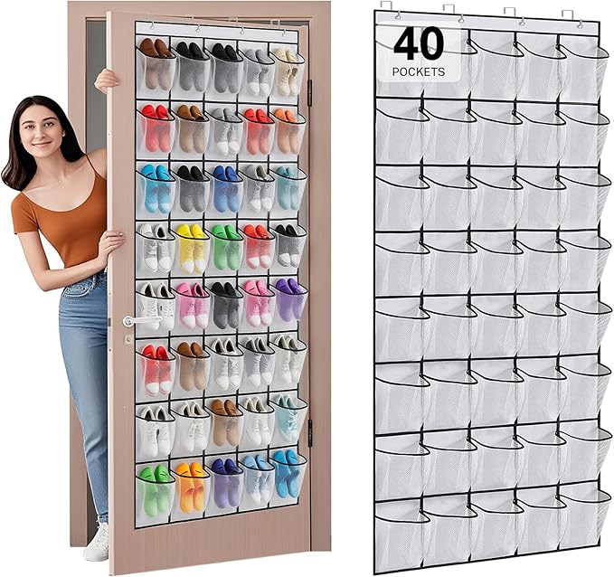 40 Large Mesh Pocket Over the Door Shoe Organizer,Hanging Shoe Rack for Door,Hualleko Shoes Organizer Hanger with Large Capacity, Shoes Storage Holder Sturdy Non-woven Fabric - Stores 20 Pairs (White) by Unknown