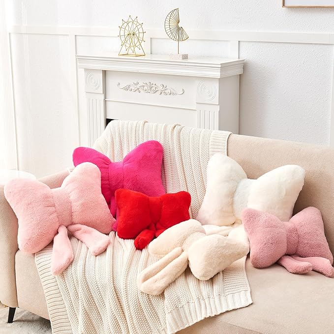 Sage Green Bow Pillow,12'' Bow Decorative Pillows with Faux Rabbit Fur,Soft Bow Throw Pillows Aesthetic Bow Shaped Pillow for Bed Sofa Couch Home Decor