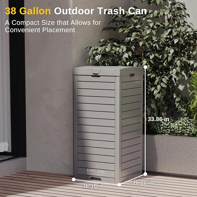 EAST OAK 38 Gallon Outdoor Trash Can | Waterproof Resin Garbage Can with Tiered Lid & Drip Tray | Outside Trash Bin for Patio | Kitchen, Backyard & Deck | Gray Color - Image 2