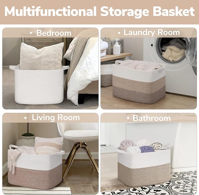Goodpick Large Woven Basket 18" x 14" x 12" Cotton Rope Storage Baskets for Organizing, Rectangle Blanket Basket for Living Room Bedroom, Toy Baskets Storage Kids, White - Image 5