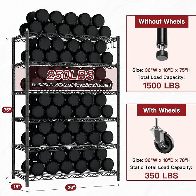 PrimeZone 6 Tier Wire Shelving with Wheels 78''H 1500lbs Storage Shelves NSF Certified Heavy Duty Steel Metal Shelf Adjustable Rolling Rack Kitchen Garage Closet Pantry Laundry 78''HX36''WX18''D 2Pcs - Image 3
