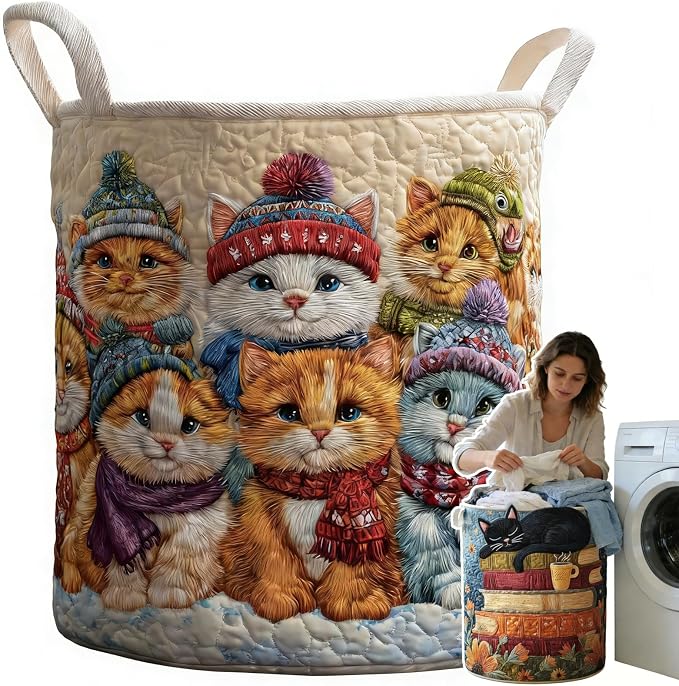 Cat Quilted Laundry Basket - 18"/22"/28", 2026 Large Quilted Cat Laundry Basket with Handles, Cozy Cat Fabric Storage Hamper for Nursery, Bedroom, Laundry Room, Clothes & Toys (4, S 14"X18") by Unknown