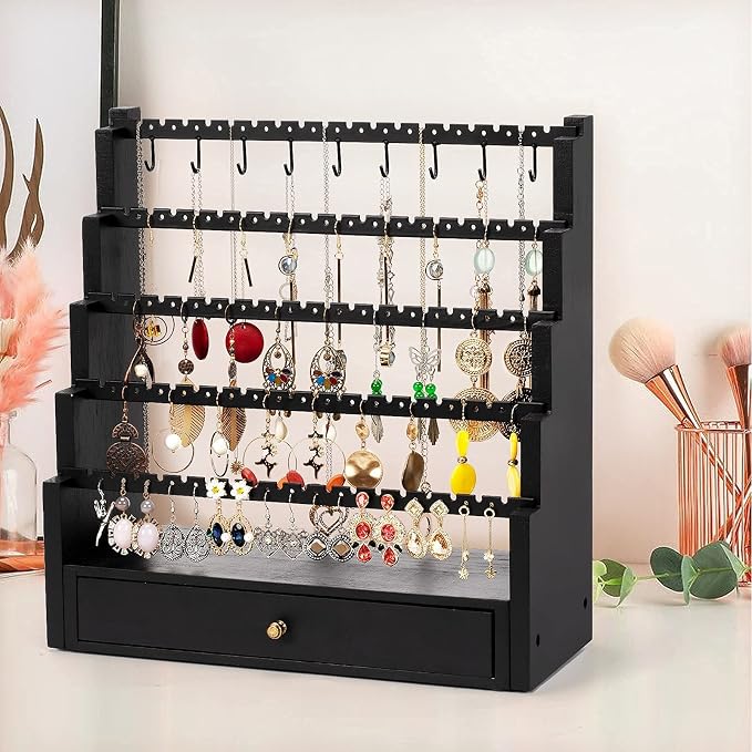 Pinzoveco Earring Organizer, 5 Layer Earring Holder Organizer with Metal Necklace Holder Pole, Rustic Wood Jewelry Organizer Stand Display for Stud Earring Bracelet Necklace Ring, 175 Earring Holes - Image 7