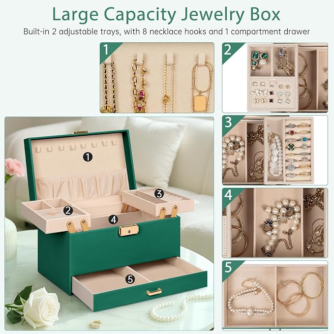 AKOZLIN Travel Jewelry Box Organizer Functional 2-trays Leather Jewelry Storage Case with Lockable Portable Drawer for Women Girls Ring Necklace Earring Bracelet - Image 4