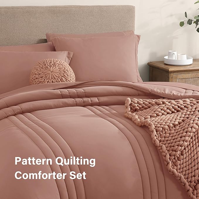 Monbix Queen Comforter Set - 7 Pieces Clay Pink Bed in a Bag Queen Bedding Sets with Comforters, All Seasons Comforter Bed Set with Sheets, Pillowcases & Shams