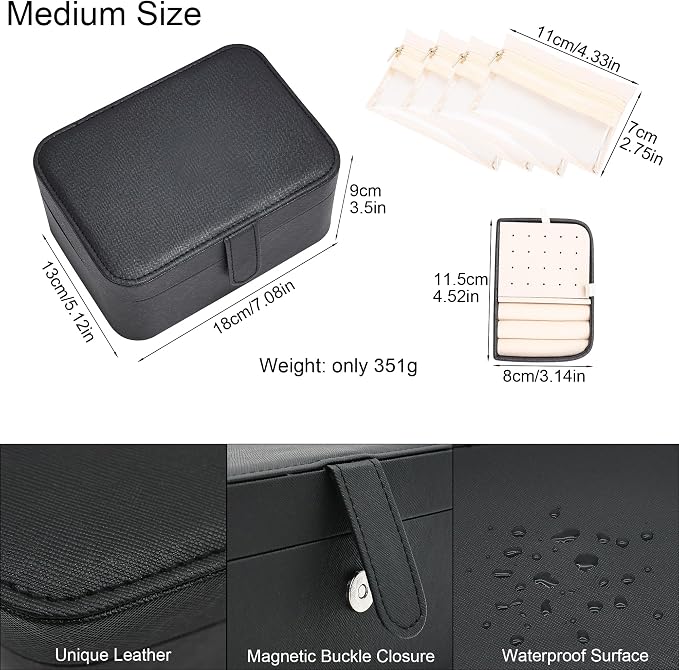2 Layer Portable Jewelry Box, Large Jewelry Travel Case with 4 Jewelry Pouches, Medium Size Jewelry Organizer Box for Earrings, Necklaces, Bracelets (black) - Image 2