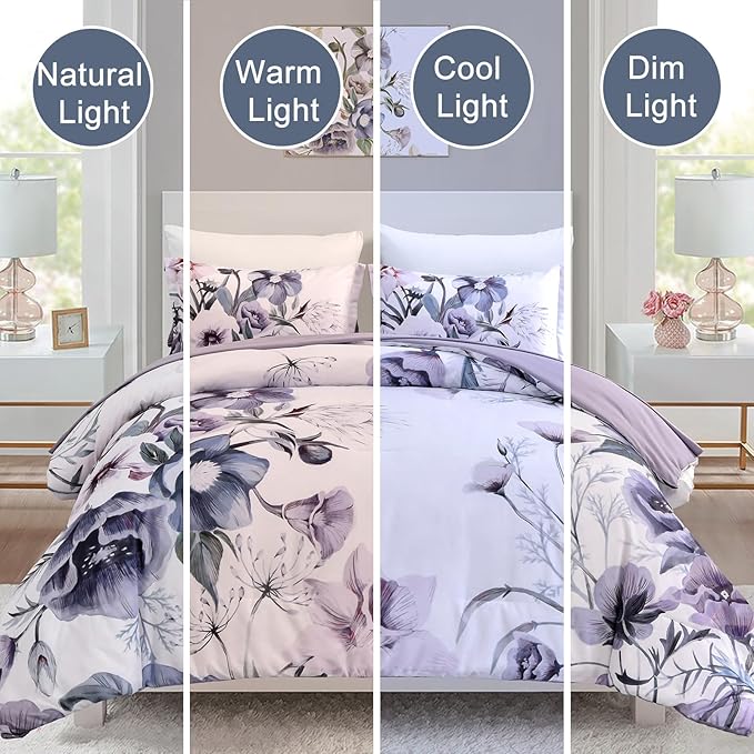 Drucon Floral Comforter Set King Size 3 Piece Purple Floral Bed in a Bag, Soft Microfiber Bedding Set for All Season (Purple, 104"x90")