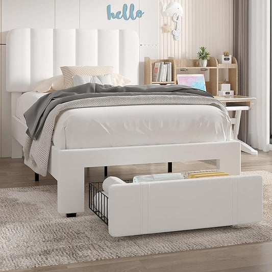 VECELO Twin Size Upholstered Bed Frame with 4 Drawers and Headboard, Velvet Platform Storage Bedframe, Wooden Slats Support, No Box Spring Needed,White