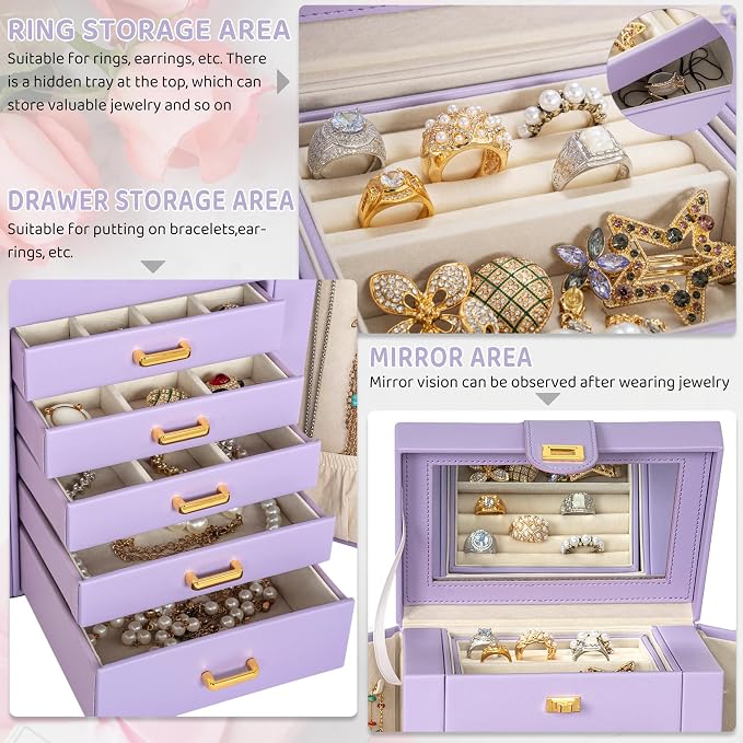 AKOZLIN Jewelry Box Organizer Functional Leather Jewelry Storage Case for Women Girls Ring Necklace Earring Bracelet Holder Organizer with Mirror Purple - Image 2
