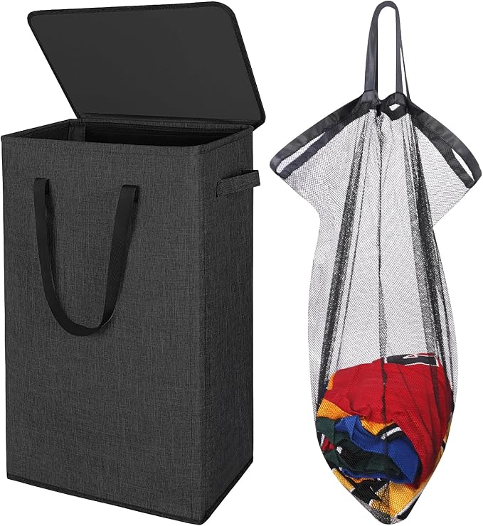 Odonata 75L Slim Laundry Hamper with Lid,Large Foldable Laundry Basket with Removable Bag and Handles Tall Collapsible Dirty Clothes Basket Great for Bedroom, Bathroom, Dorm, College,RV.(Black, 75L) by Odonata