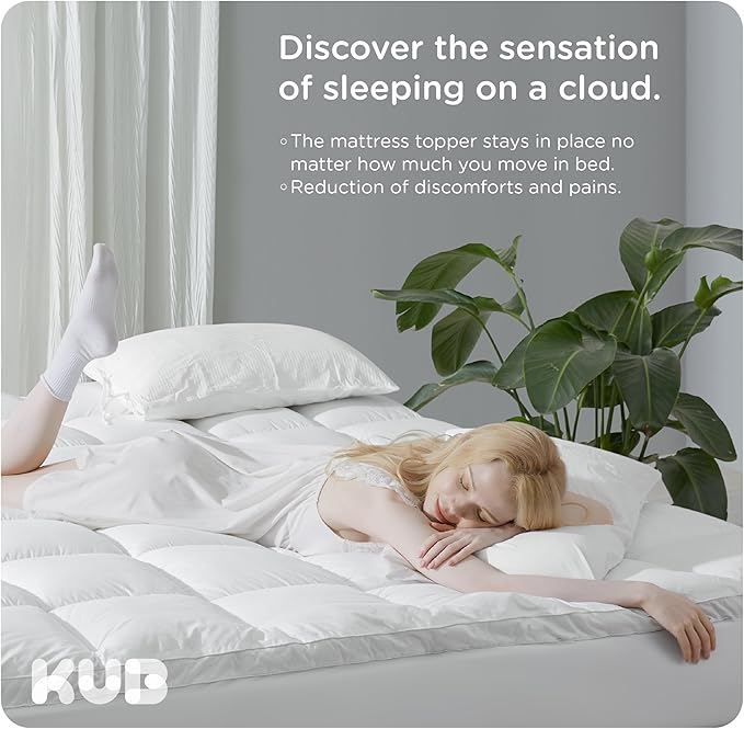 KUB Cotton Mattress Topper, Queen, Cooling Cotton Pillow Top with 8-21 Inch Deep Pocket, 3D Snow Down Alternative Fill, Breathable Fluffy Mattress Pad Cover (White, Queen 80 * 60inch)