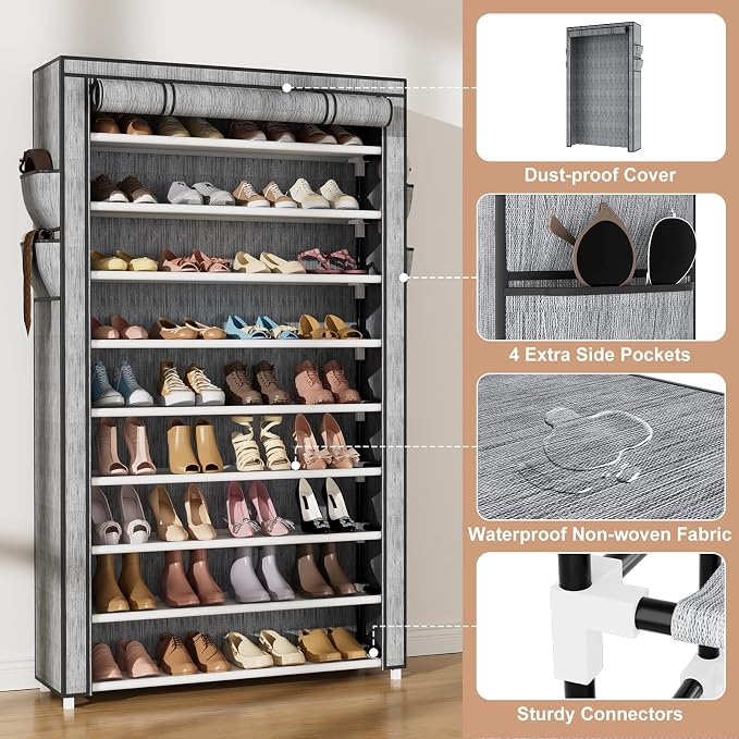 VILICK Shoe Rack with Cover Narrow Shoe Organizer with Pockets 10 Tier Tall Shoe Storage Holds 36-41 Pairs Shoes and Boots Shoe Rack for Closet Entryway Garage, Printing - Image 4