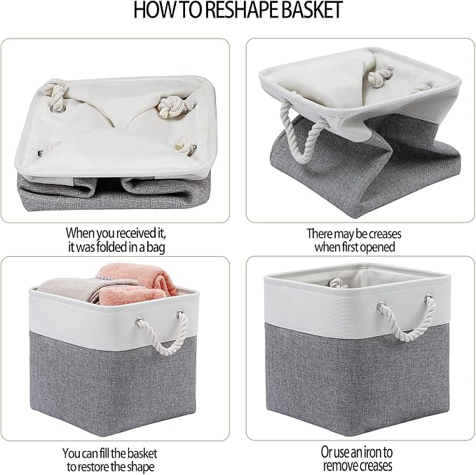 MidmmVick 11 x 11 Inch Cube Storage Bins, 6 Pack Large Collapsible Fabric Storage Bin with Ropes, Foldable Storage Cubes for Home, Office,Closet, Clothes, Toys Organizer (White & Grey-11"x11"x11") - Image 3