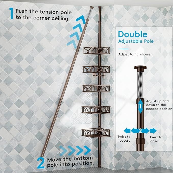 Skycarper 5 Tier Adjustable Corner Shower Caddy Organizer with Hooks,Rustproof Tension Pole 62-116 Inch,Bronze - Image 6