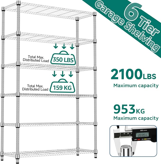 M MZG 2100LBS 47.2" W 6 Tiers Shelf Storage Shelves Metal Shelving Unit Heavy Duty Garage Shelving Adjustable Wire Shelves for Pantry,Kitchen,Garage,Basement,Chrome 17.7" D x 47.2" W x 82.4" H - Image 9