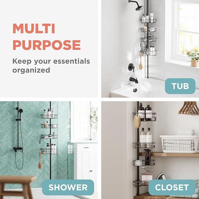 Zenna Home Tension Pole Shower Caddy Corner Organizer, Adjustable Standing Shower Caddy with 4 L-shaped Baskets and Hooks, Rust Resistant Bathroom Tension Rod Organizer, 60 to 97 Inch, Bronze - Image 7