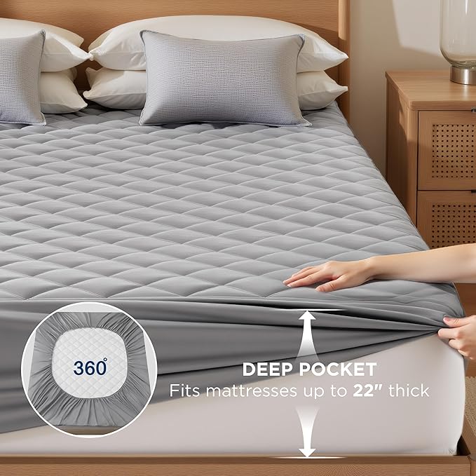 Bedsure Queen Mattress Protector, Quilted Waterproof Mattress Protector with Deep Pocket up to 22 Inches, Soft Breathable Noiseless Bed Pad Topper, Queen Bed Cover for Home, Bedroom, Hotel – Grey