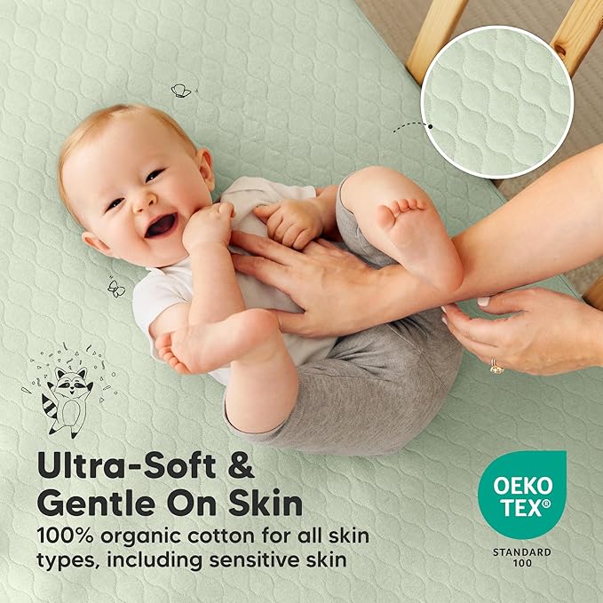 2-Pack Waterproof Crib Mattress Protector Cover Fitted - Quiet Baby Crib Mattress Pad Sheets, 52" x 28" Soft Quilted Cotton Baby Sheet, Machine Washable, Easy Fit, Durablee (Sage/Mavy)