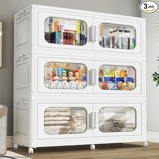 150Gal Extra Large Stackable Storage Bins with Lid & Wheels & Doors, 200QT/50GAL 3-Tiers Collapsible Closet Organizers Plastic Containers Drawers Boxes for Home Kitchen Bedroom, White
