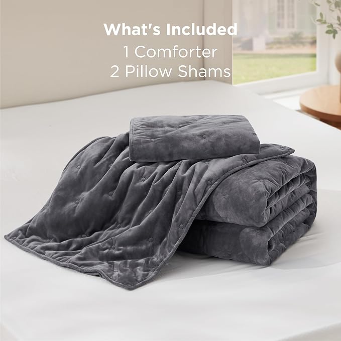 Bedsure Velvet Fleece Comforter Set Queen, Dark Grey Lightweight Quilted Bedding Set, Soft Warm Blanket for All Season, 3 Pieces, 1 Comforter (90" x 90") and 2 Pillow Shams (20" x 26")