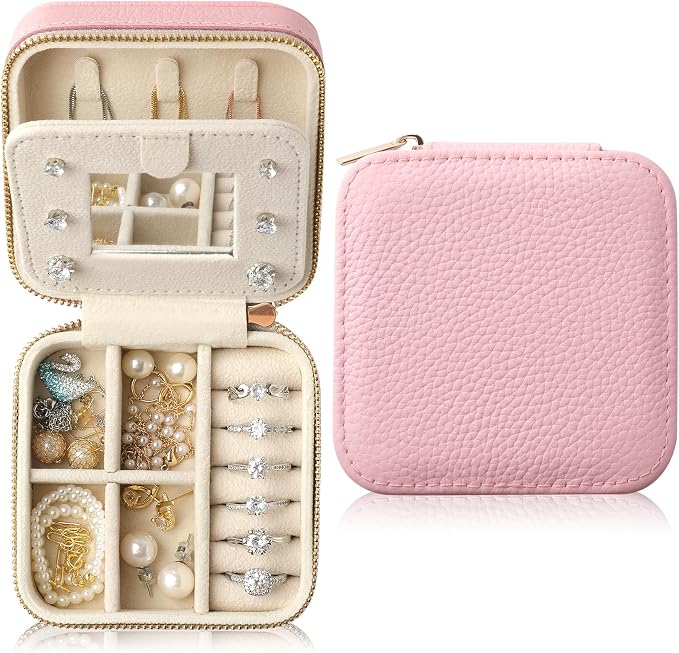 Genuine Leather Travel Jewelry Case Organizer with Mirror for Women, Small Jewelry Box Portable Mini Jewelry Case for Earring, Ring, Necklace, Bracelet（Lychee Grain Pink Purple） by NGVRC