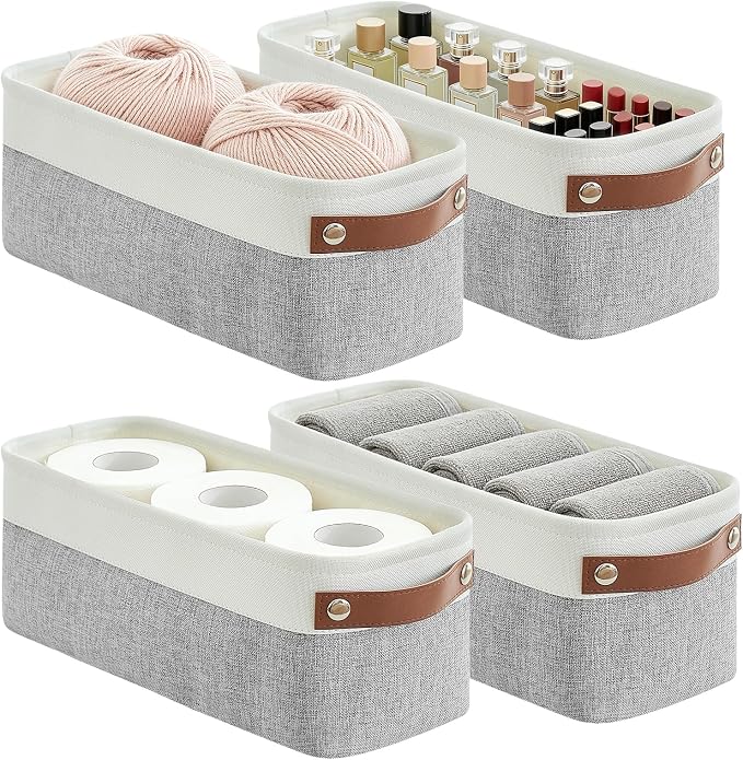Bagnizer Small Fabric Storage Baskets, 15x6x5 inch Narrow Storage Bins 4-Pack Long Storage Basket for Organizing with Handles, Decorative Basket for Closets, Shelves, Toilet Paper, Grey by Bagnizer