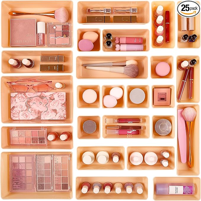 Vtopmart 25 PCS Plastic Drawer Organizers Set, 4-Size Versatile Bathroom and Vanity Drawer Organizer Trays, Storage Bins for Makeup, Bedroom, Kitchen Gadgets Utensils and Office by Vtopmart