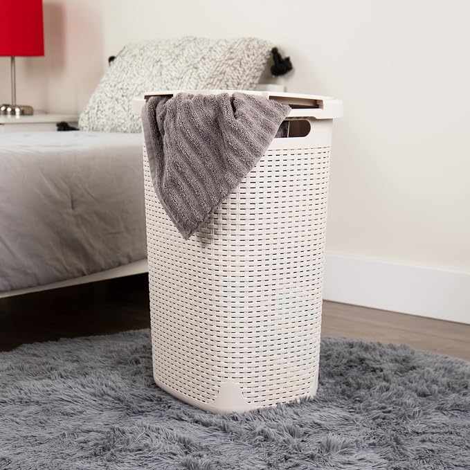 Mind Reader Slim Laundry Hamper with Lid, 60L Tall Clothes Basket, Narrow Tapered Design for Bathrooms, Closets and Laundry Rooms, Plastic, Ivory - Image 2