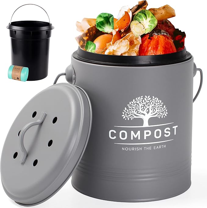 Perfnique Kitchen Compost Bin, 1.3 Gallon Countertop Compost Bin with Lid, Indoor Compost Bucket Includes Inner Bucket Liner and Carbon Filter, Small Compost Bin with Trash Bags (with Bags, Grey) by PERFNIQUE