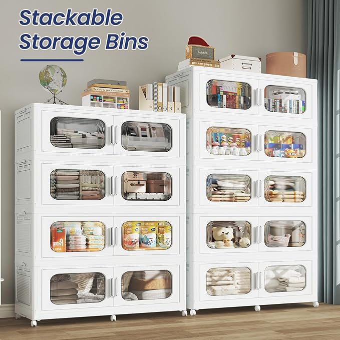 150Gal Extra Large Stackable Storage Bins with Lid & Wheels & Doors, 200QT/50GAL 3-Tiers Collapsible Closet Organizers Plastic Containers Drawers Boxes for Home Kitchen Bedroom, White