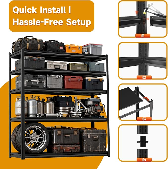5Tier Metal Garage Shelving Unit, Heavy Duty Garage Storage Shelves, Adjustable Shelf for Warehouse, Kitchen, Basement, Double-Layer Columns Black 77×40×16in - Image 6