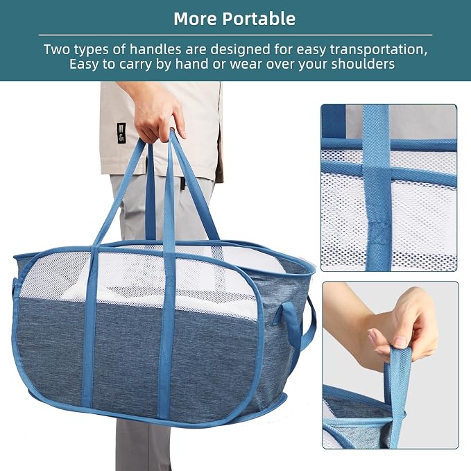 2 Pcs Collapsible Laundry Baskets, Tear Proof Pop Up Laundry Hamper with Dual Handles, Durable Foldable Laundry Basket, Easy to Carry Laundry Hamper for Home, Laundry Room, Bedroom, Dorm, Travel Blue - Image 6