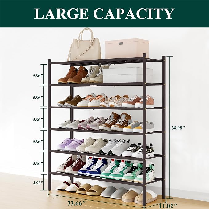 Smiry Shoe Rack, 6 Tier Long Bamboo Shoe Organizer, Stackable Free Standing Wooden Shoe Storage Shelf for Closet, Entryway, Front Door Entrance, Brown - Image 2