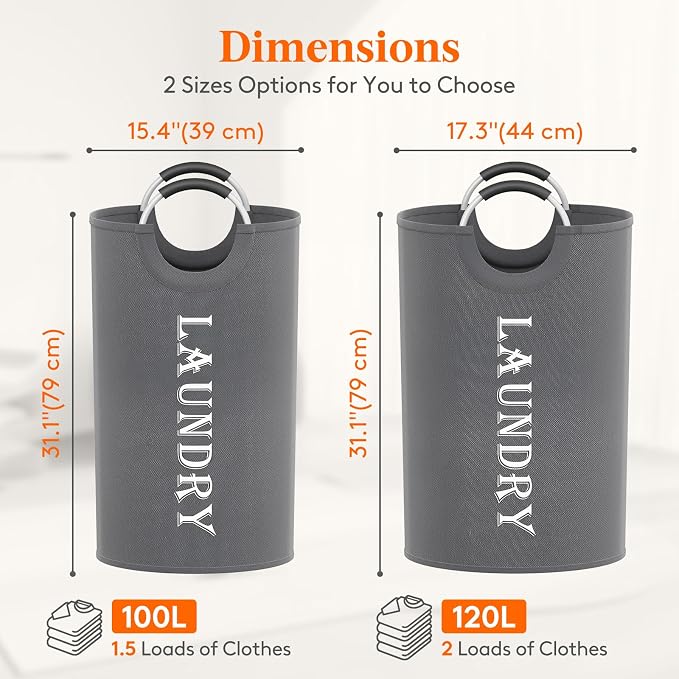 Lifewit 120L 2-Pack Large Laundry Basket, Collapsible Laundry Hamper with Aluminum Handles, Waterproof Freestanding Dirty Clothes Hampers for Laundry Room Bedroom Dorm Bathroom, Grey - Image 2