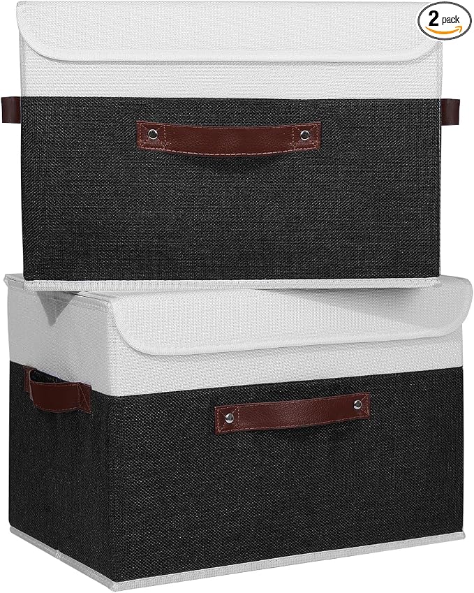 ANMINY 2PCS Storage Boxes with Lid Washable Decorative Storage Bins Basket with PU Leather Handle Foldable Linen Fabric Storage Cubes Containers for Home Closet Organizer - Black White, Large Size by ANMINY