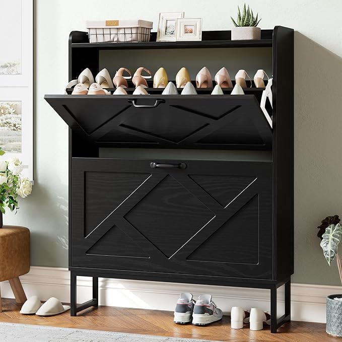Nicetree Shoe Storage Cabinet with 2 Flip Drawers, Freestanding Shoe Organizer, Shoe Cabinet with Metal Legs, Narrow Shoe Rack Cabinet, Farmhouse Slim Shoe Cabinet for Entryway, Foyer, Hallway, Black by Nicetree
