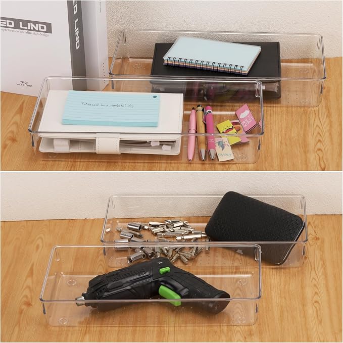 Ohlove 6Pcs Clear Plastic Drawer Organizers Tray 12" x 6.2" Storage Bins with 25Pcs Non-Slip Pads for Makeup, Jewelries, Kitchen Utensils, Bathroom and Office - Image 5