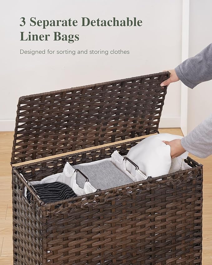SETVSON Laundry Hamper with Lid 132 L, (35 Gallons) Clothes Hamper with Lid, Handwoven Rattan Laundry Hamper with Metal Heightened Feet, Laundry Hampers with 3 Removable Liner Bags for Laundry-Brown - Image 3